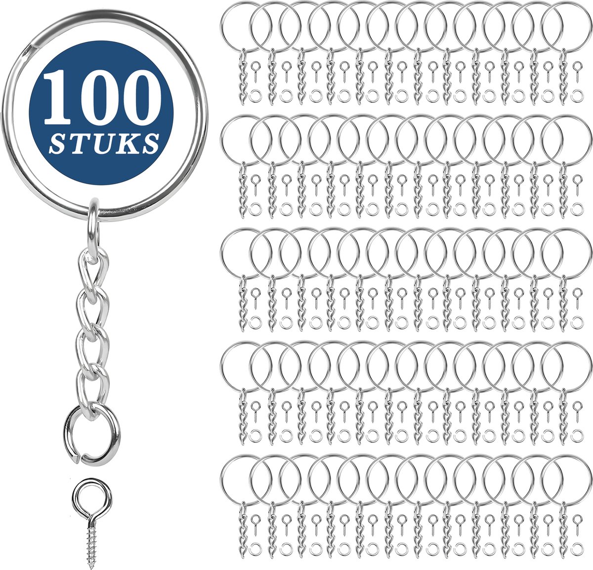 100 Stuks Sleutelringen met Ketting, 100 Open Springringetjes & 50 Schroefoogjes - 250-Delig DIY Sleutelhangers - 25mm Ringen Set - Keychain Sleutels Maken - Splitringen voor Hobby & Sleutellabels - Metalen Keyrings Knutselen Pakket - Zilver