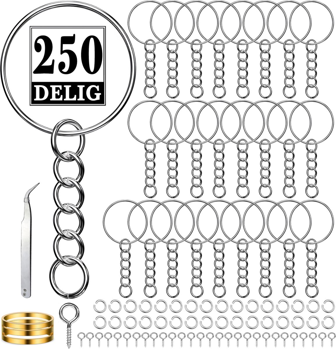 100 Stuks Sleutelringen met Ketting, 100 Open Springringetjes & 50 Schroefoogjes - 250-Delig DIY Sleutelhangers - 25mm Ringen Set - Keychain Sleutels Maken - Splitringen voor Hobby & Sleutellabels - Metalen Keyrings Knutselen Pakket - Zilver