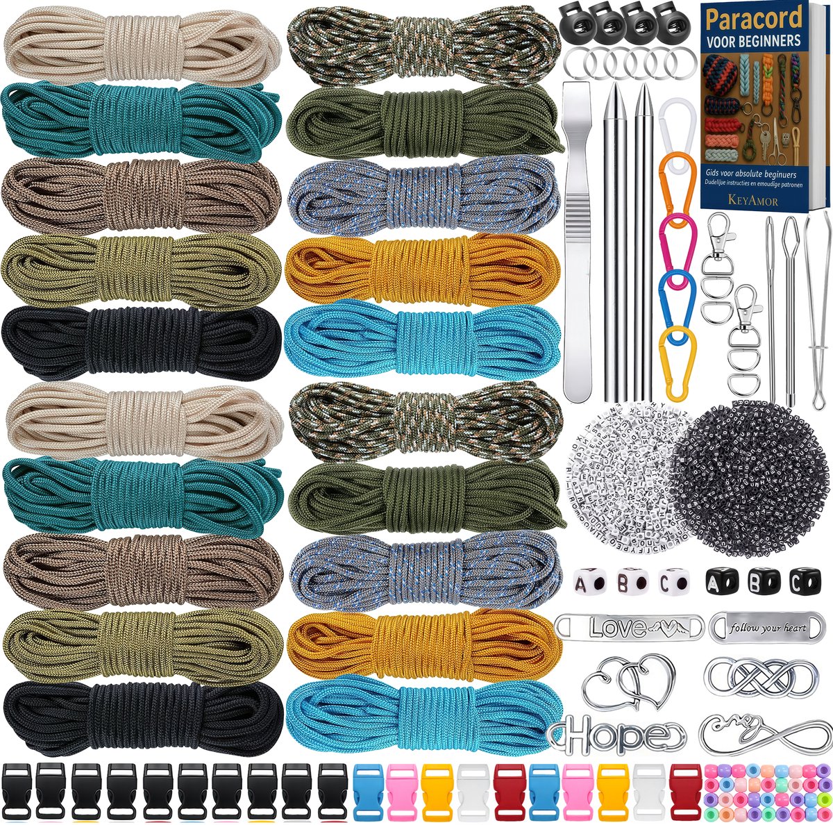 100 meter Paracord 2mm Pakket met 355 Accessoires - 10 Kleuren Parakoord, Karabijnhaken, Naaldenset, Bedels, Klikgesp, Kralen - Parachute Koord Knutselpakket Set - Knutselen Touw voor Volwassen, Kinderen, Meisjes - Sieraden/Armbandjes Maken