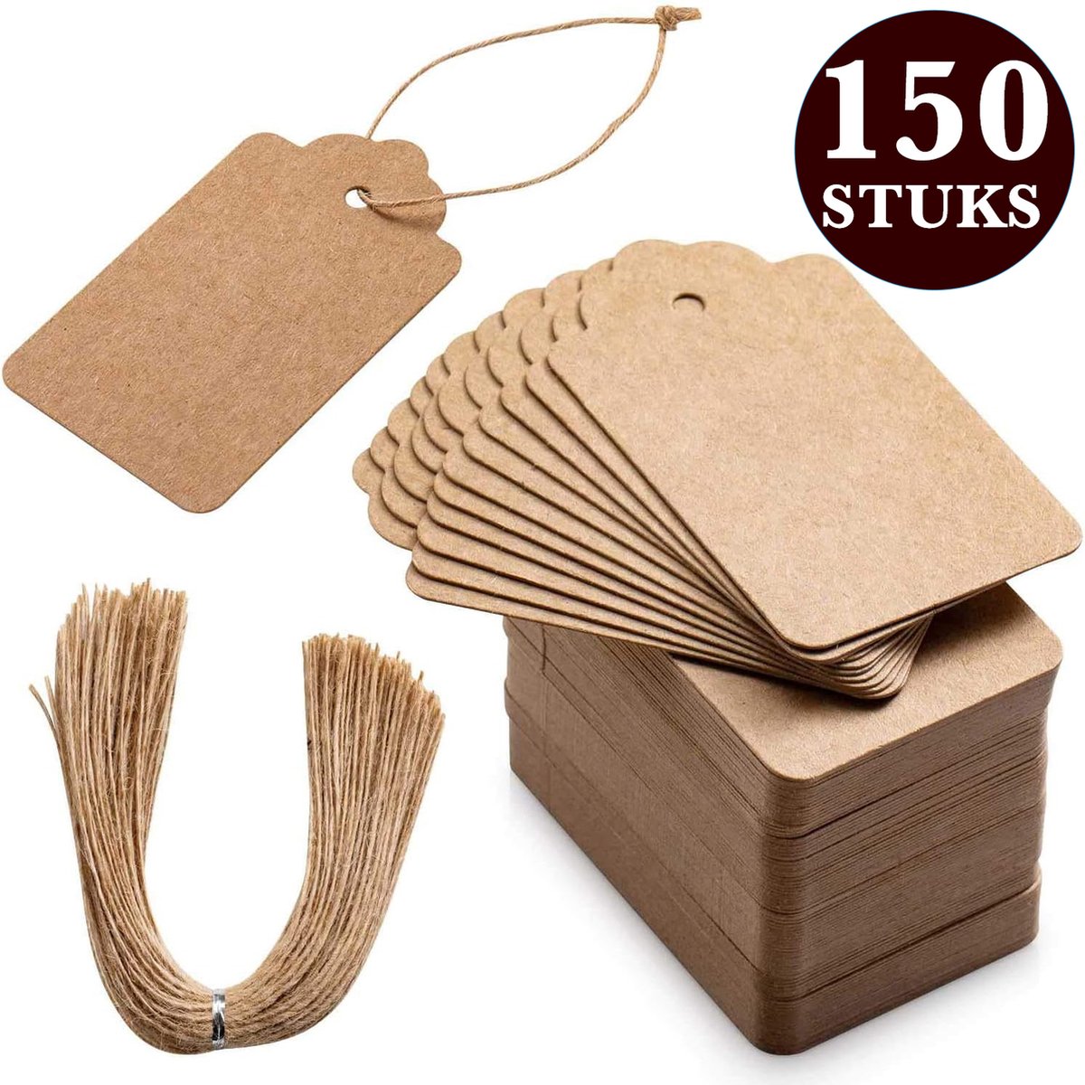150x Stuks Kraft Karton Labels met 20m Jute Touw - Hart Kartonnen Cadeaulabels met Gaatje en Koord - Bruine Etiketten - Kraftpapier Naamkaartjes - Blanco PrijskaartjesPrijslabels met Koortje - 7x4cm