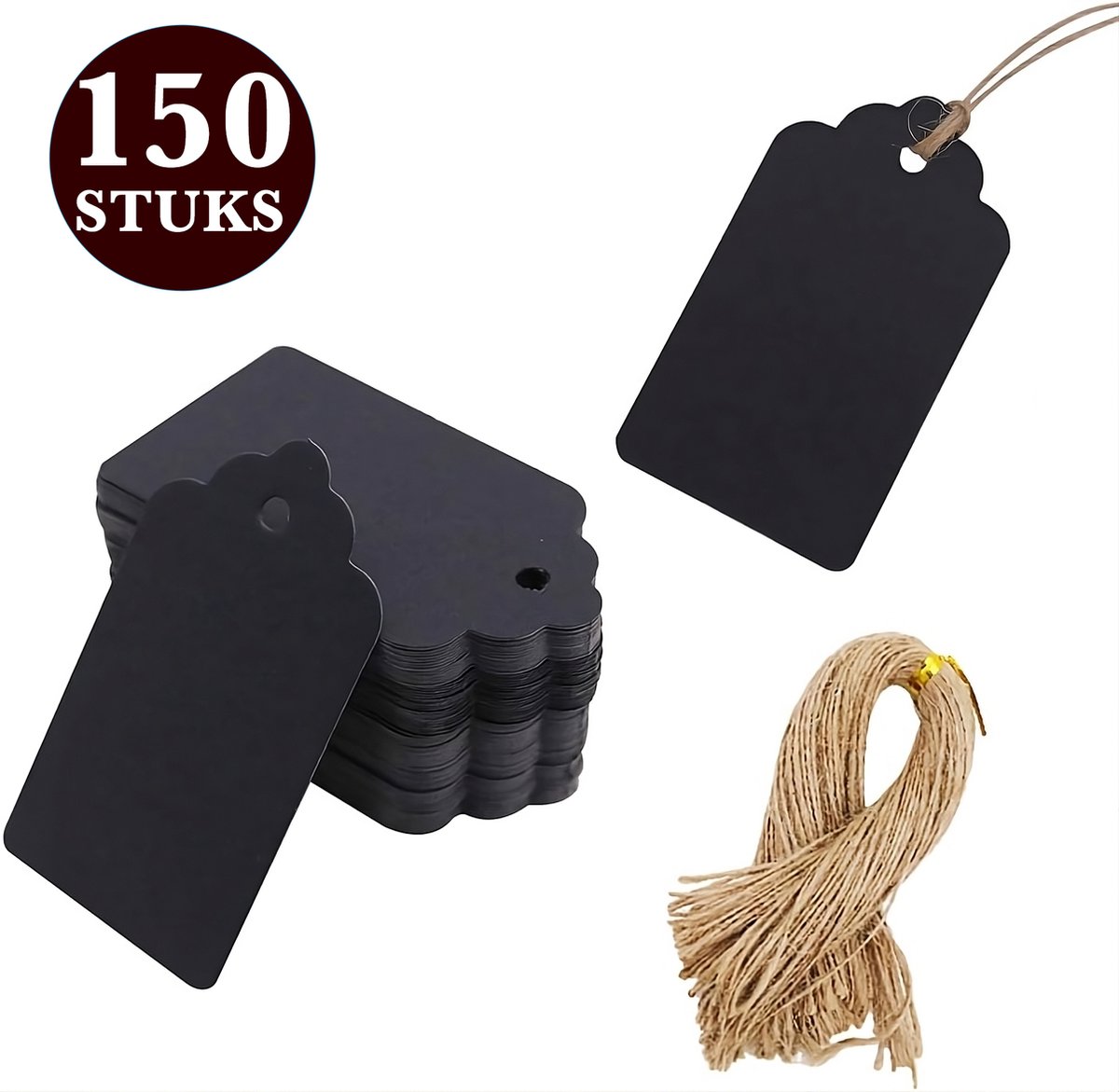 150x Stuks Kraft Karton Labels met 20m Jute Touw - Kartonnen Cadeaulabels met Gaatje en Koord - Zwarte Etiketten - Kraftpapier Naamkaartjes - Blanco PrijskaartjesPrijslabels met Koortje - 7x4cm