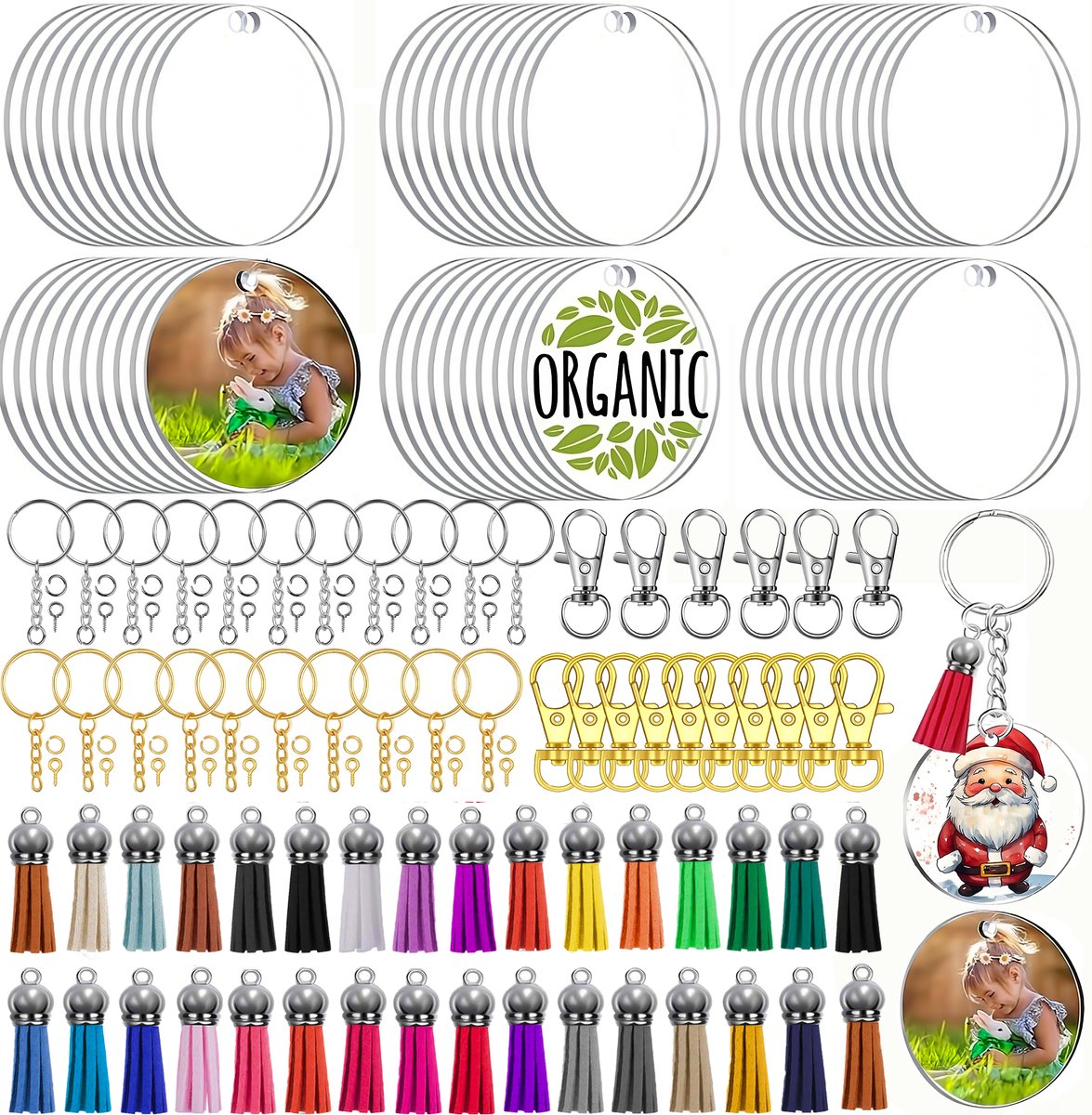 175-Delig DIY Sleutelhangers Maken Knutselpakket - Sleutelringen, Kwastje, Blanco Transparant Plastic Plexiglas - Foto/Sleutellabels Personaliseren - Knutselen Meisjes, Jongens, Volwassenen Sieraden Hobby - Leeg Acryl Plaat Keychain Graveren