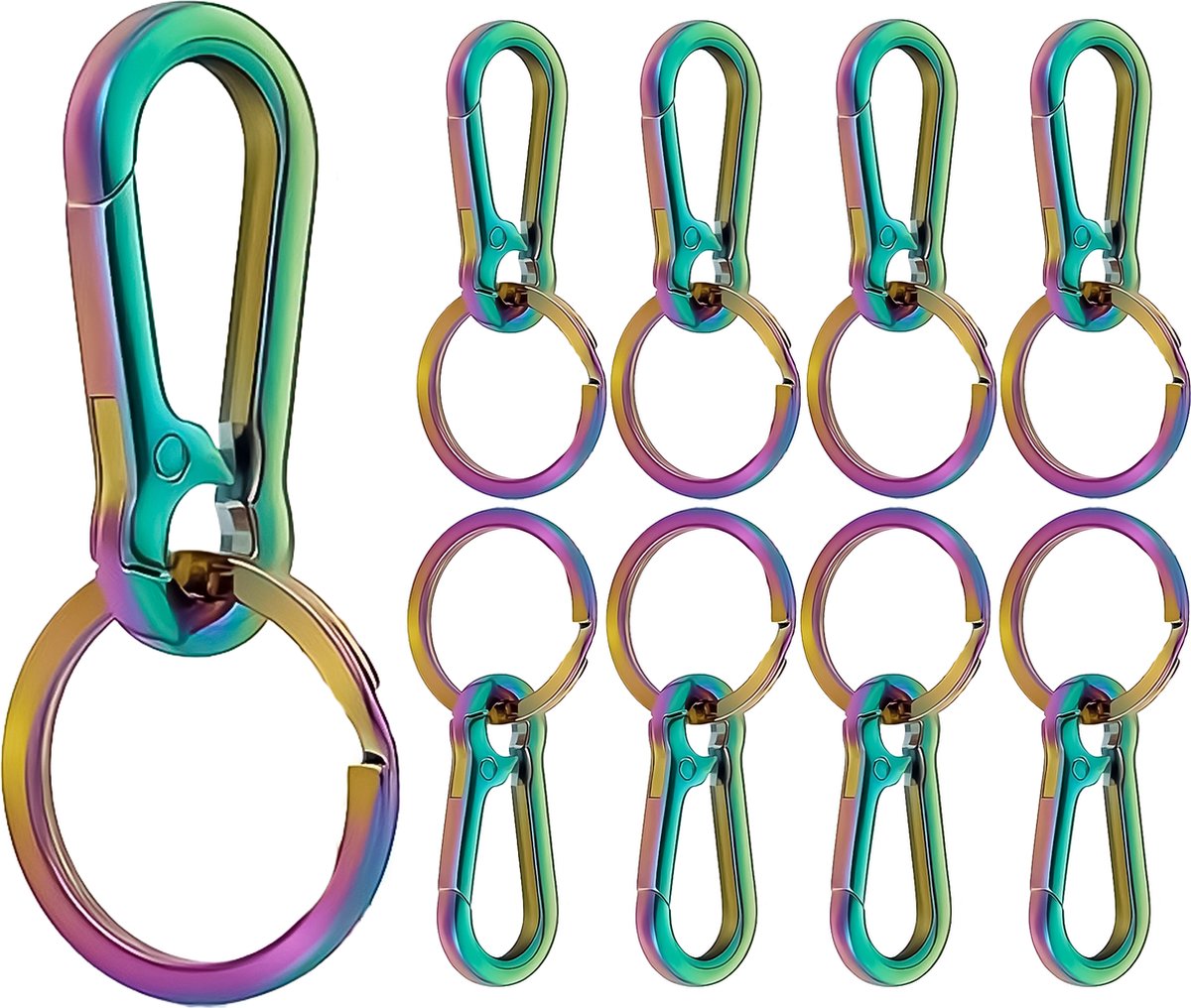 8 Stuks Karabijnhaak Sleutelhangers - Regenboog Metallic - Musketonhaak met Sleutelringen voor Volwassenen - Mini Musketon en ringetjes - Auto Klein Carabiner Sleutel Hanger, Houder - Karabijn haak ringen - Keychain Karabijnsluiting