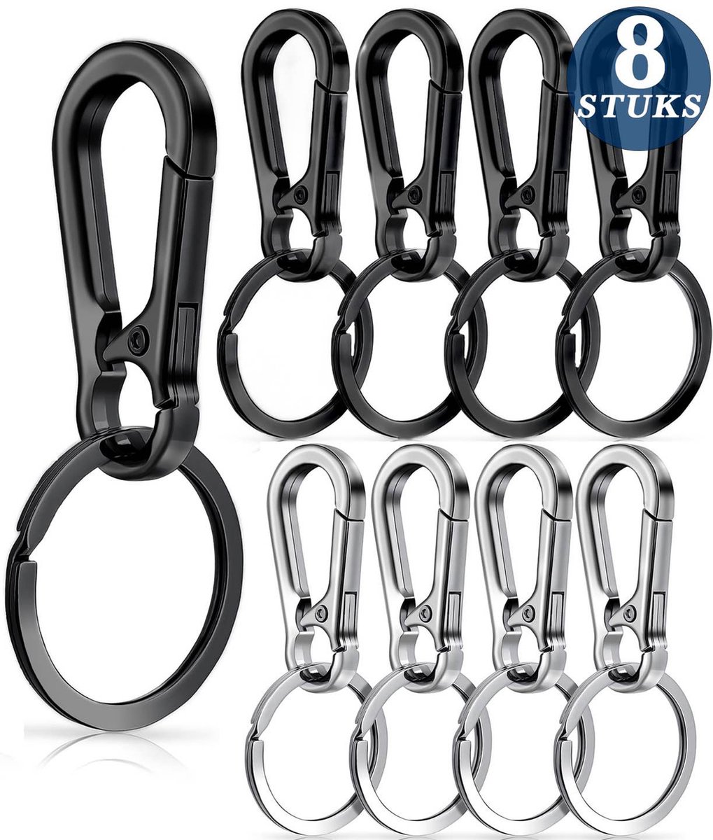 8 Stuks Zwart & Zilver RVS Karabijnhaak Sleutelhangers - Musketonhaak met Sleutelringen voor Volwassenen - Mini Musketon en ringetjes - Auto Klein Carabiner Sleutel Hanger, Houder - Karabijn haak ringen - Keychain Karabijnsluiting