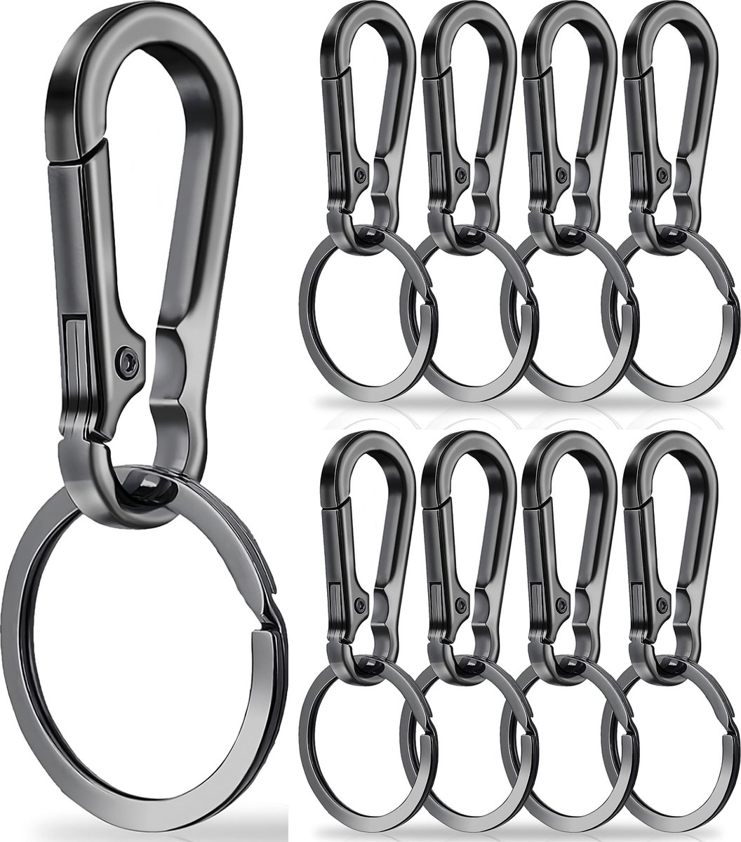 8 Stuks Zwart RVS Karabijnhaak Sleutelhangers - Musketonhaak met Sleutelringen voor Volwassenen - Mini Musketon en ringetjes - Auto Klein Carabiner Sleutel Hanger, Houder - Karabijn haak ringen - Keychain Karabijnsluiting