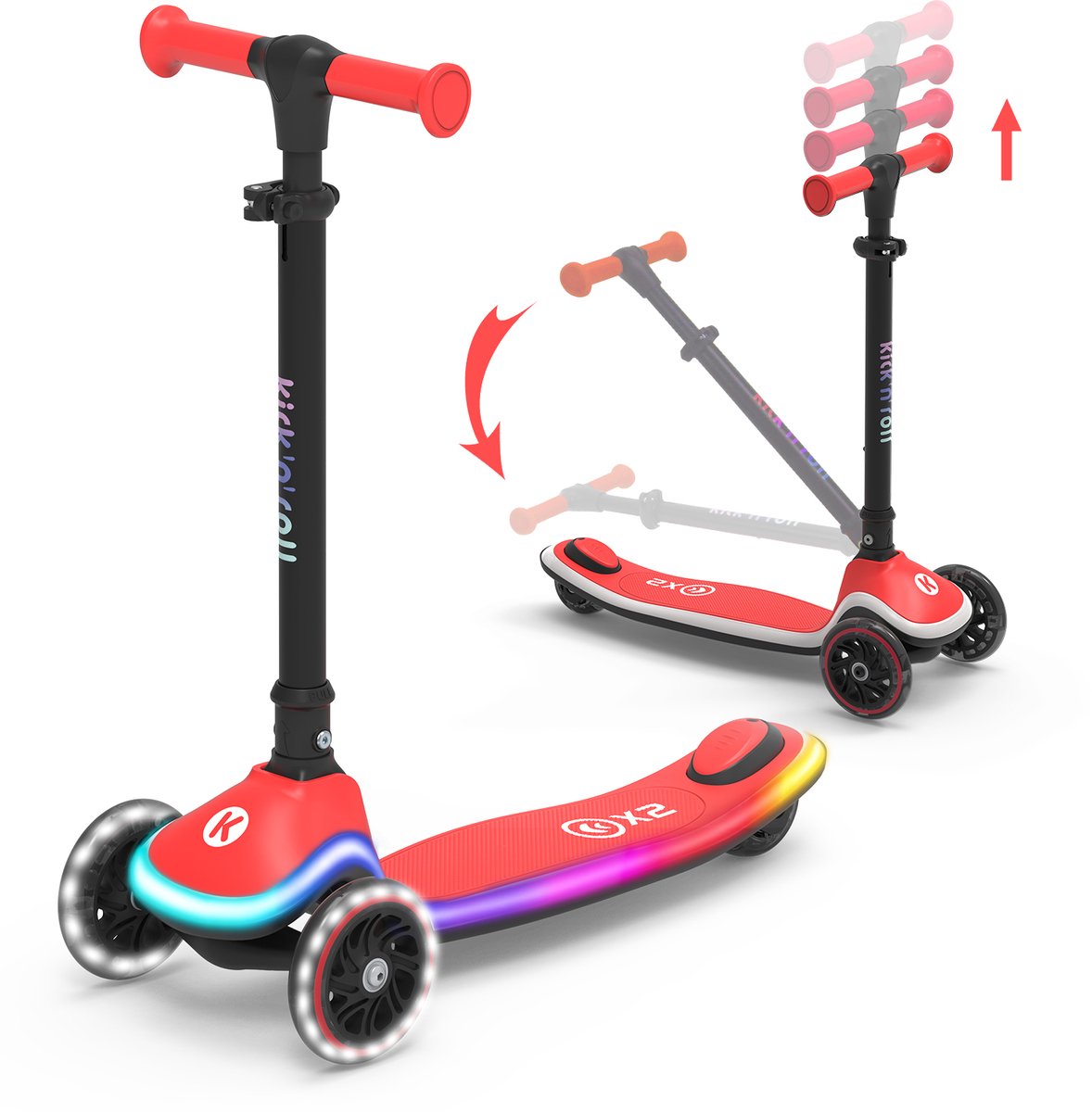 KicknRoll X2 Kinderstep - Red, 3 wielen, LED-verlichting in het board, in hoogte verstelbaar.