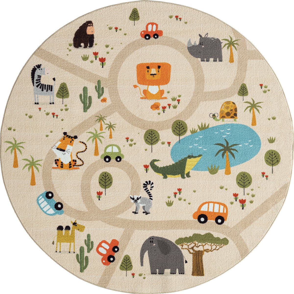 tapijt Happy Life Kinderkamer, Kindertapijt, Speeltapijt, Afwasbaar, Straattapijt, Straat, Jungle, Dieren, Auto, Beige, 160 cm rond