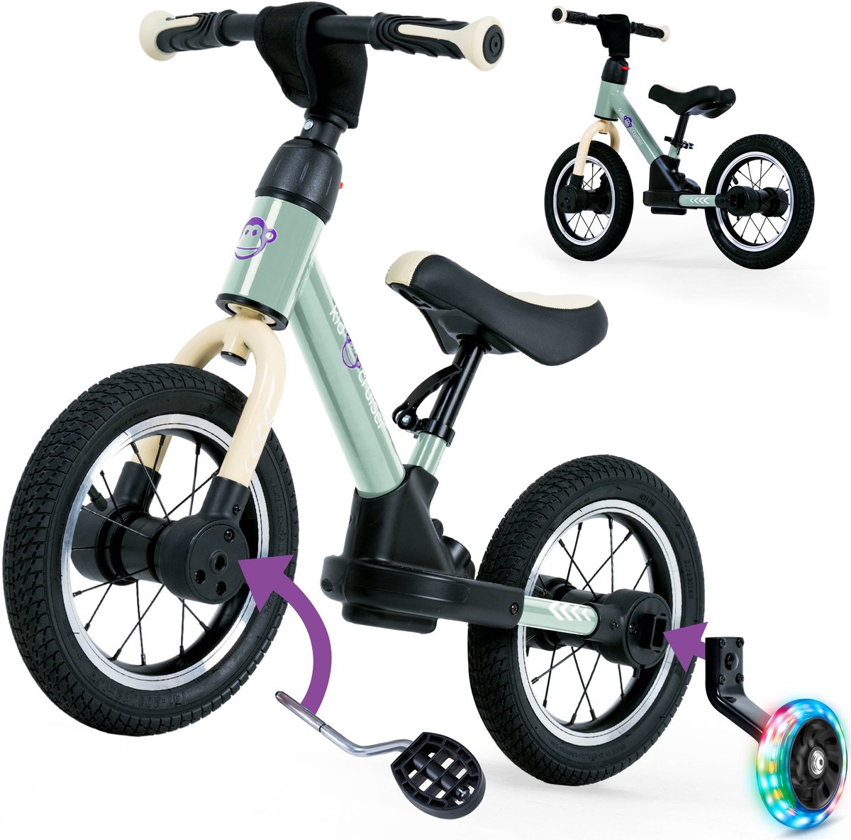 Kidcruiser Loopfiets 2+ jaar - Met LED Zijwieltjes & Trappers - 3-in-1 Kinderfiets - 12 inch – Lichtgroen – Modulair Design - Driewieler loopfiets