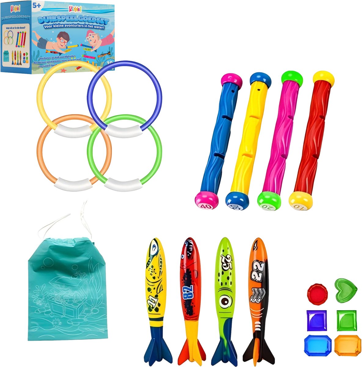 Kiddel 19-delige Duikspeelgoedset voor Zwembad – Incl. Opbergzak – Duikringen, Torpedo’s, Diamanten – Zwemspeelgoed Kinderen vanaf 5 Jaar – Waterpret 2025