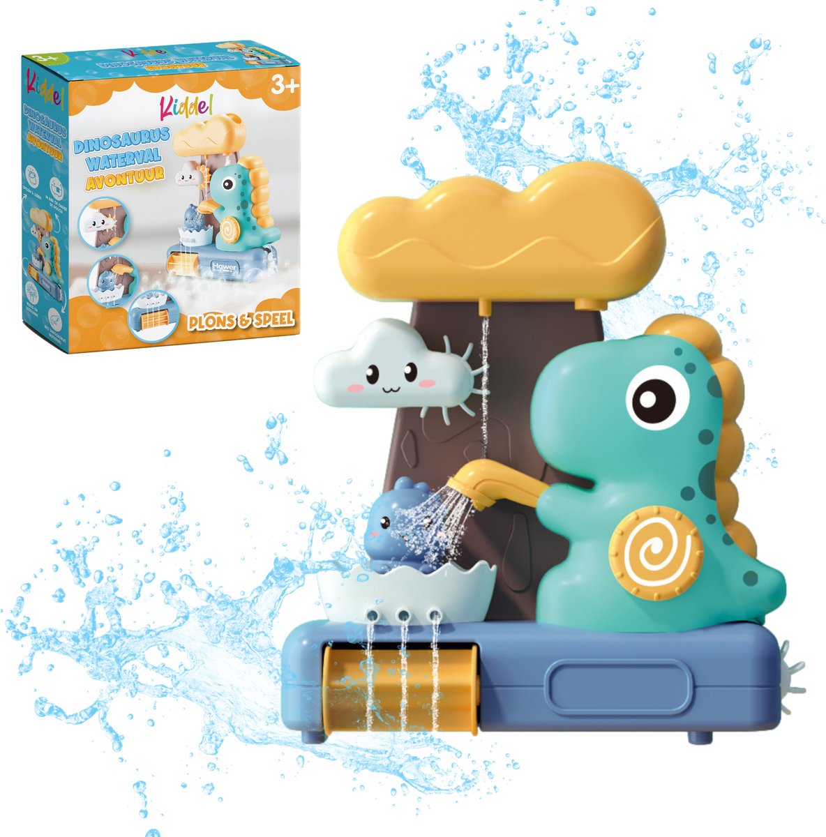 Kiddel 2-in-1 Dinosaurus Waterglijbaan & Waterval – Educatief Bad- & Douchespeelgoed voor Kinderen – Interactief Badspeelgoed vanaf 3 Jaar – Met Zuignappen & Bewegende Onderdelen