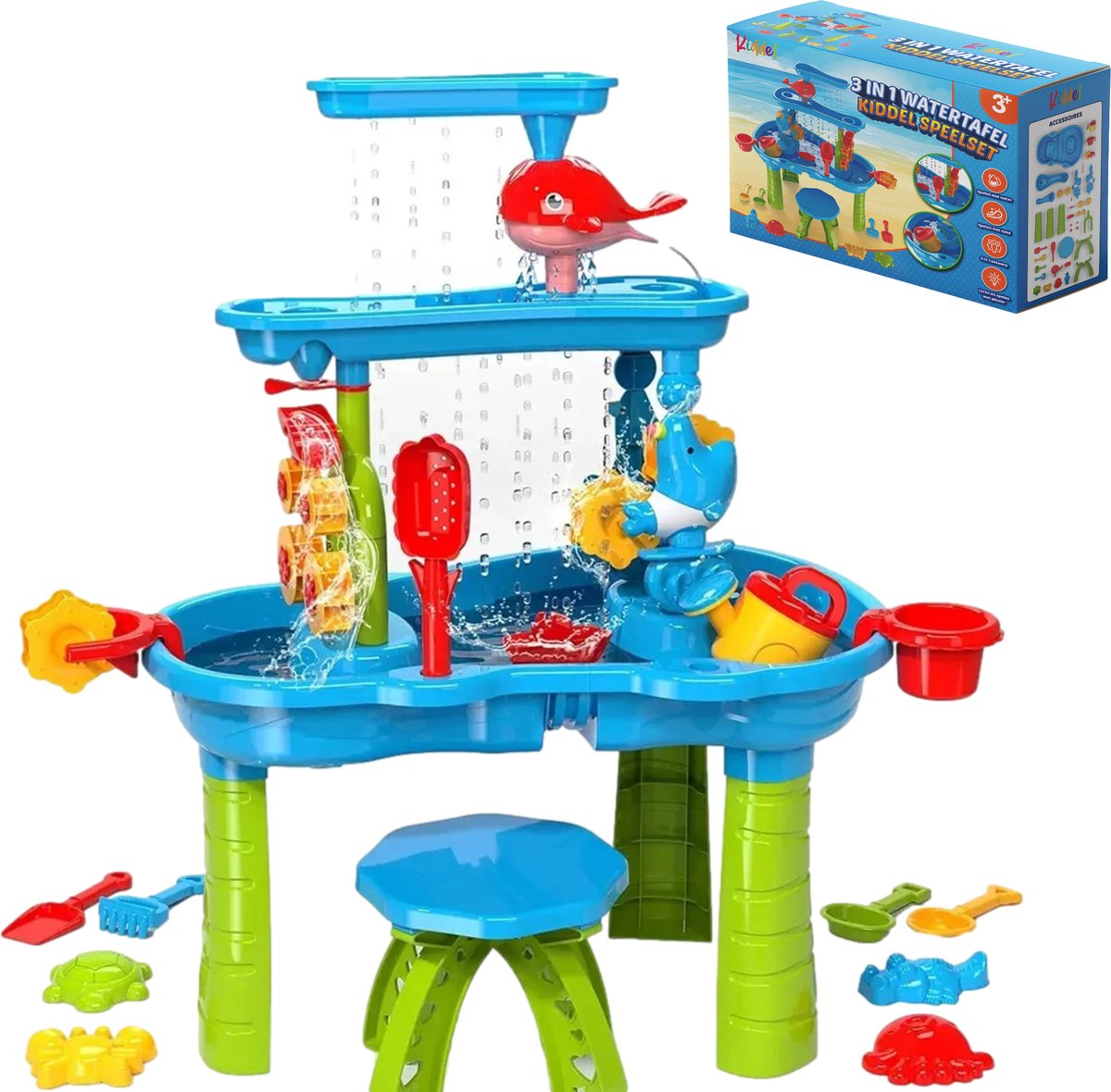 Kiddel 3 in 1 XL watertafel / zandtafel inclusief accessoires - 3 verdiepingen waterspeelgoed, zwembad speelgoed 3 jaar