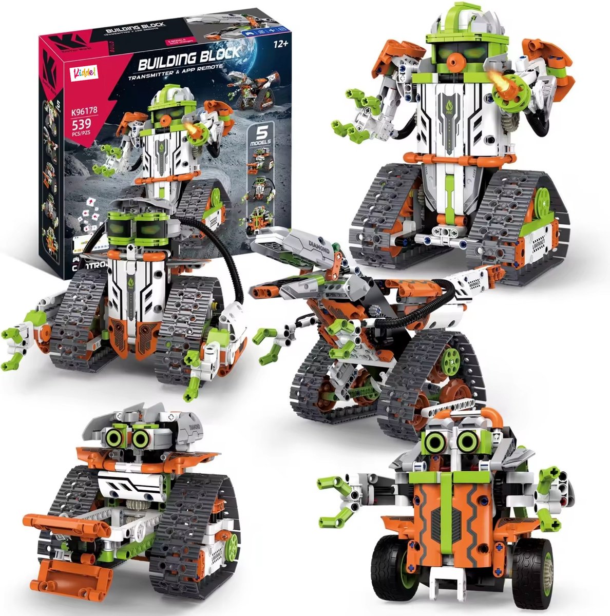 Kiddel 5 in 1 XL elektrische robot bouwpakket inclusief afstandsbediening & mobiele app. 593 onderdelen RC bestuurebare auto / robot bouwpakket volwassenen & kinderen educatief speelgoed