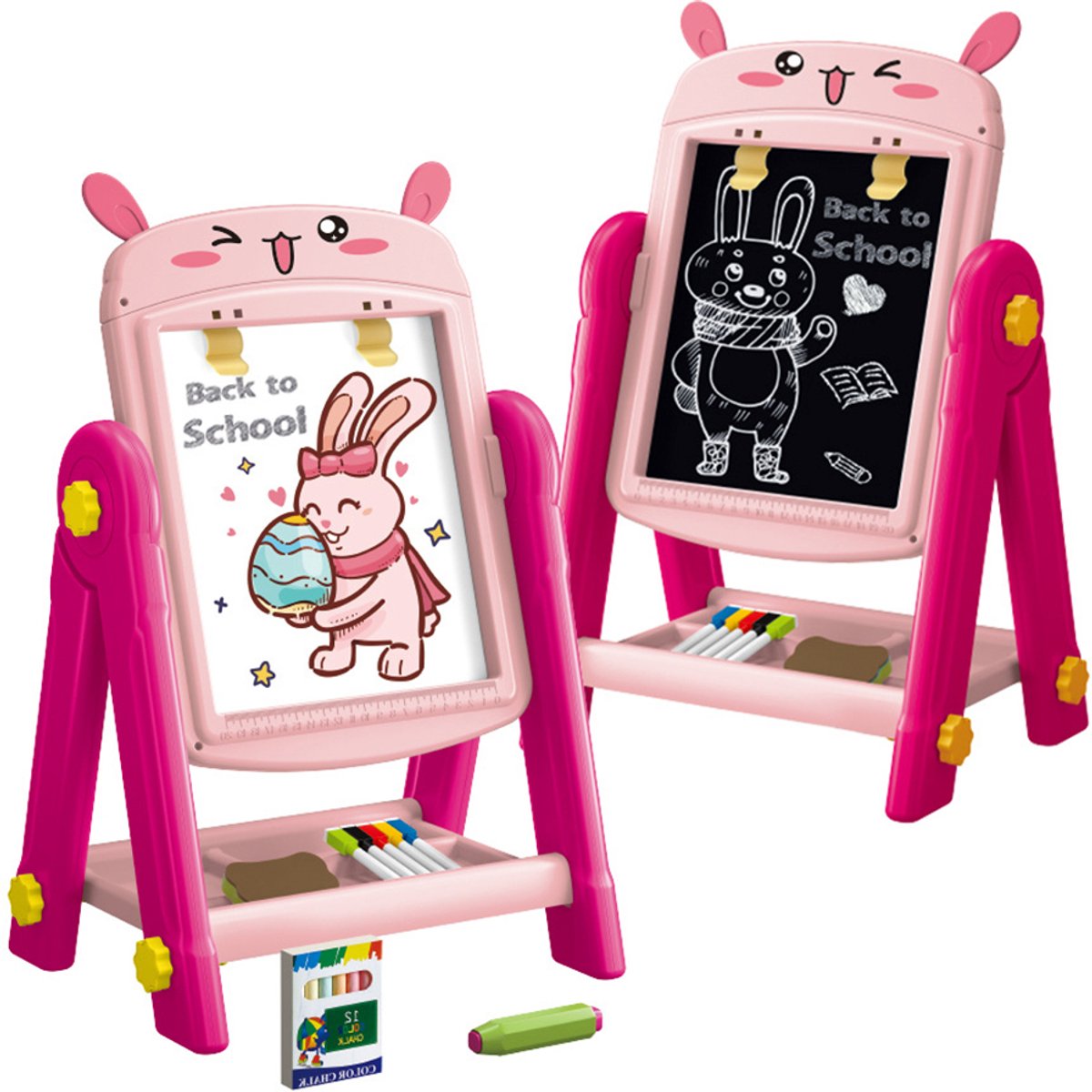 Kiddel Magnetisch Tekenbord Kinderen – Roze Konijn – 360° Draaibaar & Dubbelzijdig (Whiteboard/Krijtbord) – Kindformaat 51×34×26 cm – Inclusief Accessoires