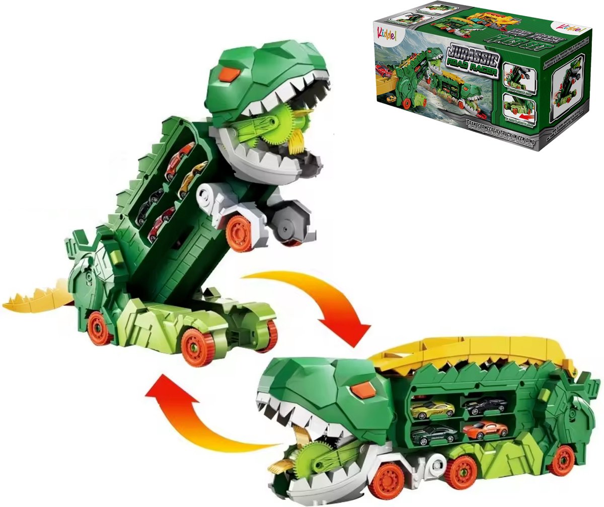 Kiddel XL Dinosaurus race track auto inclusief raceautos, Groen - Uitklapbaar en bestuurbare dino auto / truck - Kinderspeelgoed vanaf 3 jaar