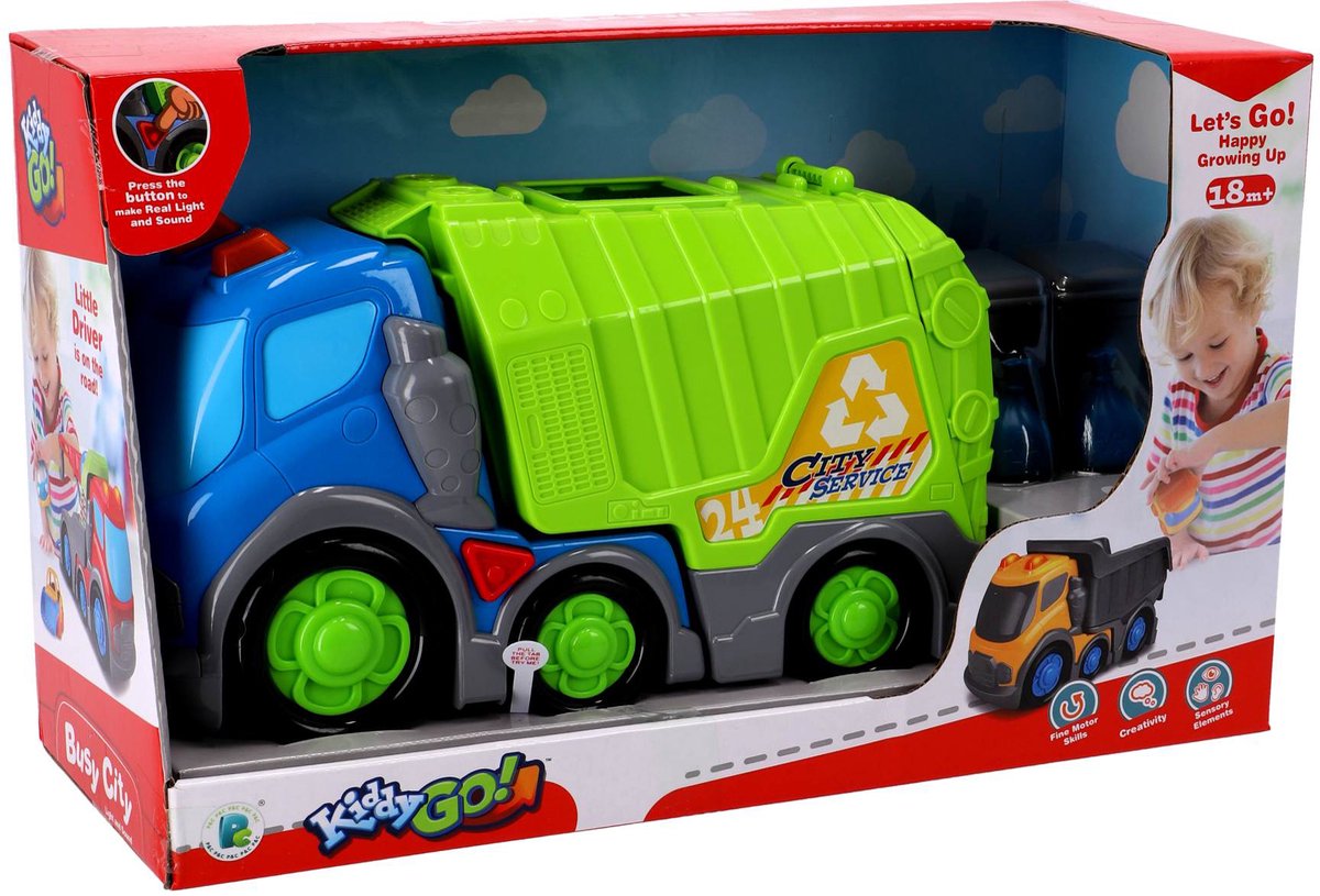 KiddyGo speelgoed vuilniswagen met licht en geluid - 31 cm - educatief.