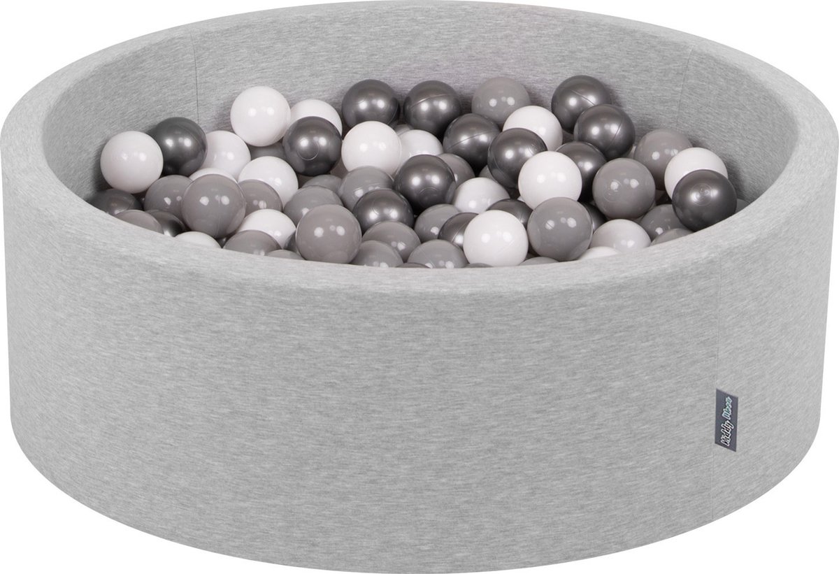 KiddyMoon Ballenbad Voor Babys met 200 kleurrijke ballen ∅7cm 90x30cm - Ballenbak voor kinderen - Rond ballenbak foam - Schuimvulling - Voor sensorische - Lichtgrijs: Wit, Grijs, Zilver