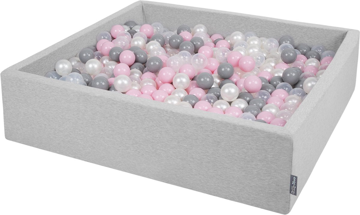 KiddyMoon Ballenbad voor kinderen Vierkant met 1000 ballen ∅7cm 120x30cm - Ballenbak voor Babys - Ballenbak ballen kleurrijke - Met schuimvulling - Ballenbad foam - Voor sensorische - Hellgrau: Parel Grijs Transparant Poederroze