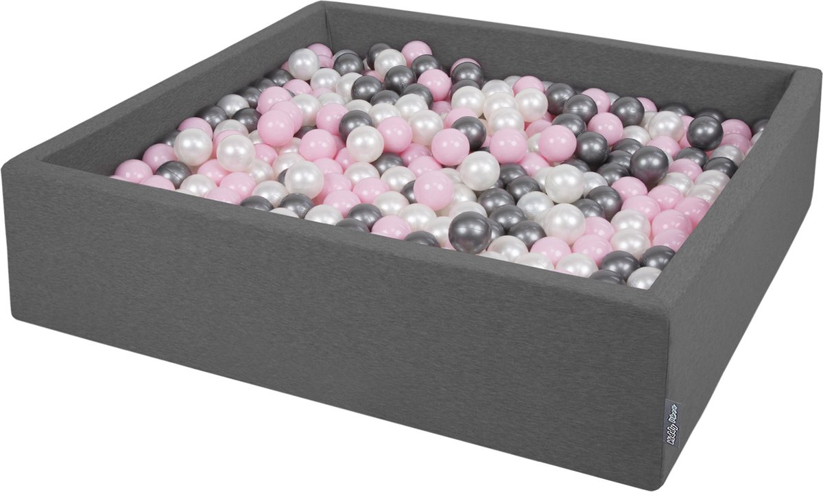 KiddyMoon Ballenbad voor kinderen Vierkant met 200 ballen ∅7cm 120x30cm - Ballenbak voor Babys - Ballenbak ballen kleurrijke - Met schuimvulling - Ballenbad foam - Voor sensorische - Dunkelgrau: Parel Poederroze Zilver