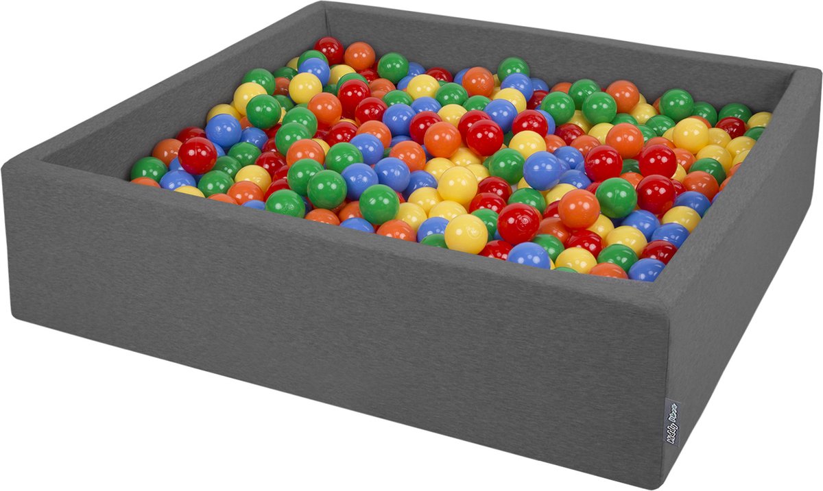 KiddyMoon Ballenbad voor kinderen Vierkant met 300 ballen ∅7cm 120x30cm - Ballenbak voor Babys - Ballenbak ballen kleurrijke - Met schuimvulling - Ballenbad foam - Voor sensorische - Dunkelgrau: Geel Groen Blauw Rood Oranje