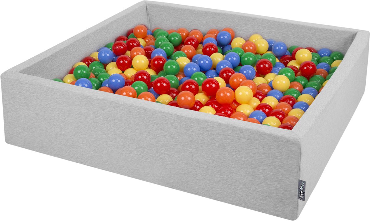 KiddyMoon Ballenbad voor kinderen Vierkant met 600 ballen ∅7cm 120x30cm - Ballenbak voor Babys - Ballenbak ballen kleurrijke - Met schuimvulling - Ballenbad foam - Voor sensorische - Hellgrau: Geel Groen Blauw Rood Oranje