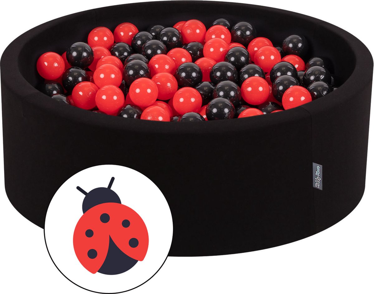 KiddyMoon Ballenbad voor kinderen met 200 kleurrijke ballen ∅7cm 90x30cm - Ballenbak voor Babys rond - Ballenbak ballen - Met schuimvulling - Ballenbad foam - Voor sensorische - Lieveheersbeestje: Zwart Rood