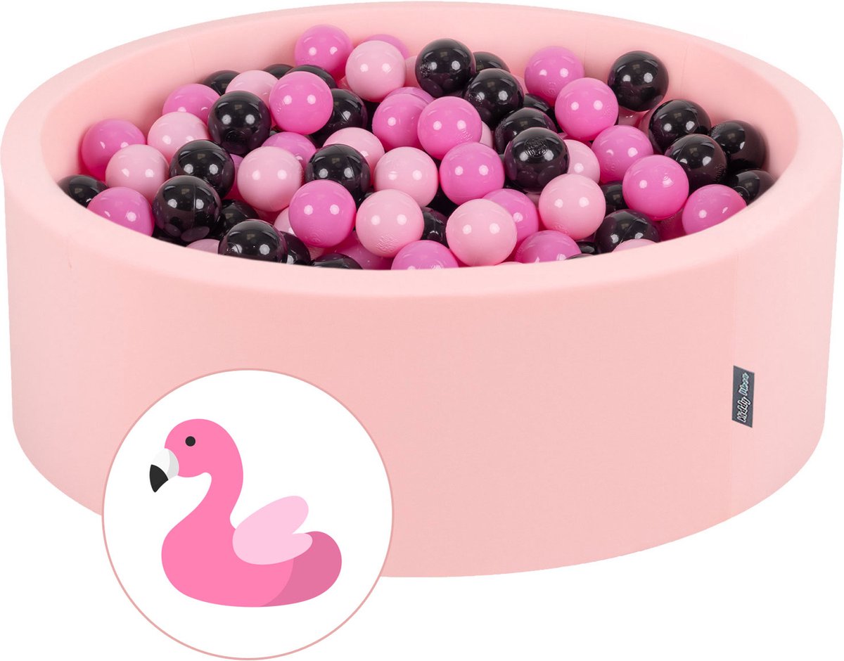 KiddyMoon Ballenbad voor kinderen met 300 kleurrijke ballen ∅7cm 90x30cm - Ballenbak voor Babys rond - Ballenbak ballen - Met schuimvulling - Ballenbad foam - Voor sensorische - Flamingo: Roze Poederroze Zwart