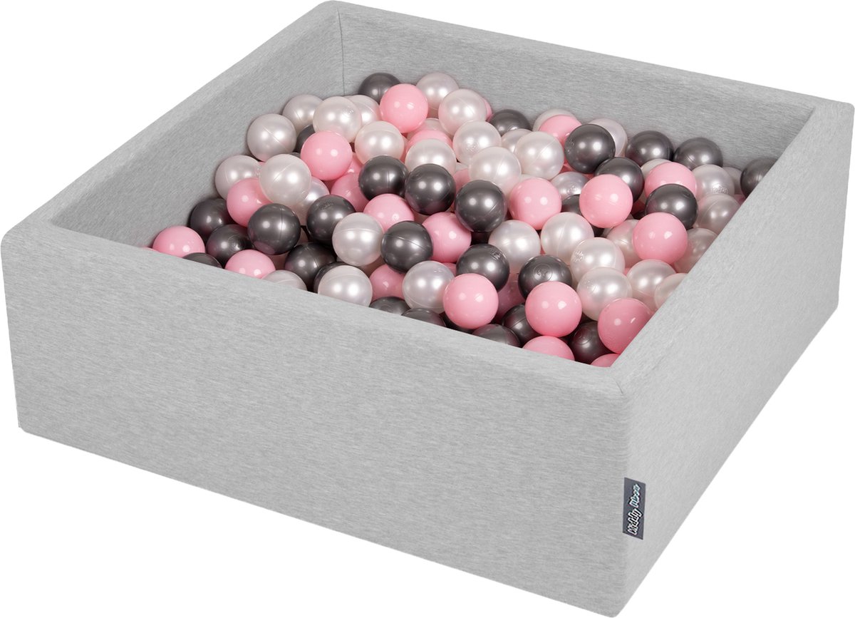 KiddyMoon Ballenbak vierkant voor kinderen 90x30cm - 300 kleurrijke ballen ∅7cm - Speelgoed baby schuim - Ballenbad baby foam - Kunststof ballen - Ballenbak ballen - Voor sensorische - Lichtgrijs: Parel Poederroze Zilver