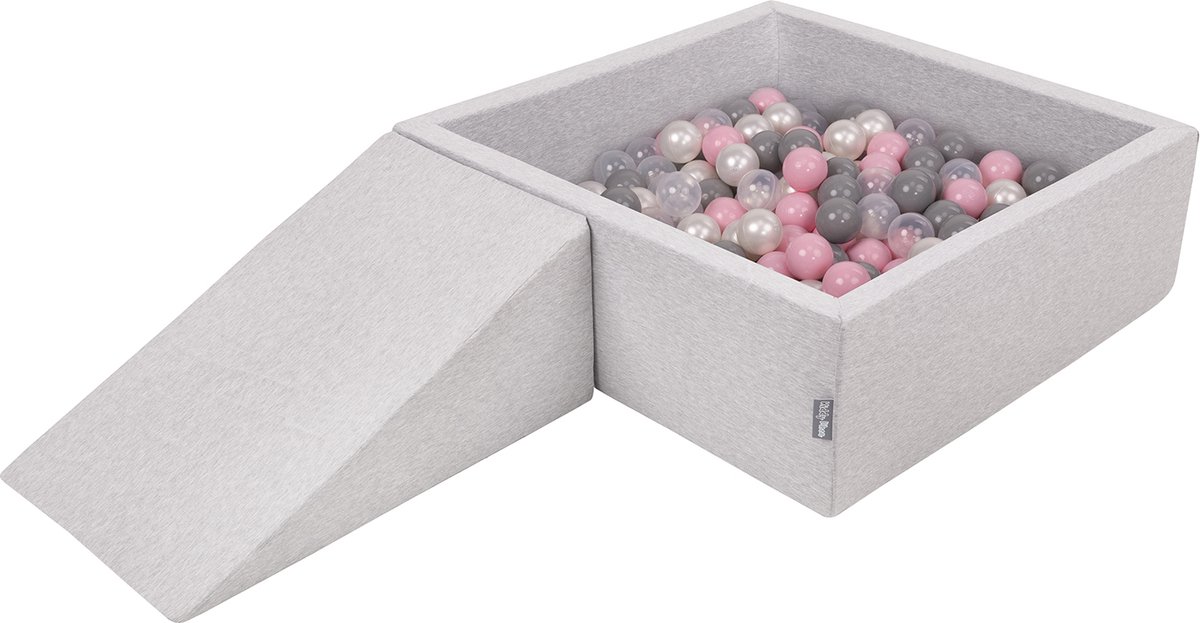 KiddyMoon Ballenbak voor kinderen 90x30cm Vierkant met Wig - 100 Ballen ∅7cm - Foam speelset - Speelgoed baby schuim - Ballenbad baby foam - Kunststof ballen - Schuimvulling - Lichtgrijs: Parel Grijs Transparant Poederroze