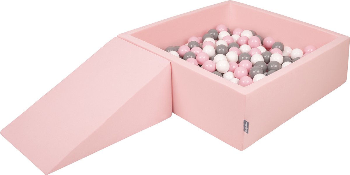 KiddyMoon Ballenbak voor kinderen 90x30cm Vierkant met Wig - 100 Ballen ∅7cm - Foam speelset - Speelgoed baby schuim - Ballenbad baby foam - Kunststof ballen - Schuimvulling - Roze: Wit Grijs Poederroze