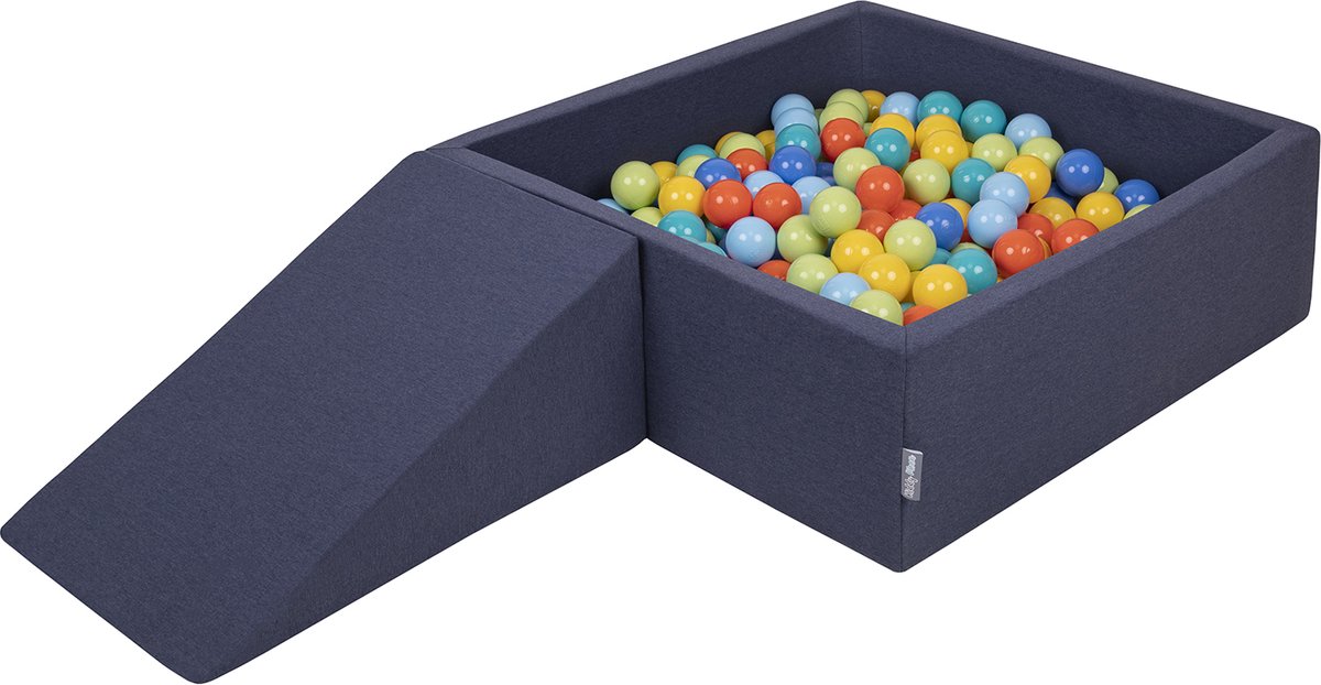 KiddyMoon Ballenbak voor kinderen 90x30cm Vierkant met Wig - 200 Ballen ∅7cm - Foam speelset - Speelgoed baby schuim - Ballenbad baby foam - Kunststof ballen - Schuimvulling - Donkerblauw: Lichtgroen Oranje Turkoois Blauw Babyblauw Geel