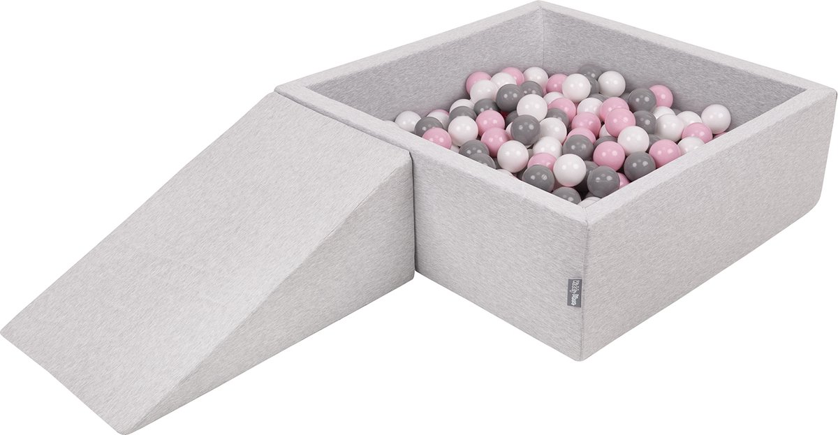KiddyMoon Ballenbak voor kinderen 90x30cm Vierkant met Wig - 200 Ballen ∅7cm - Foam speelset - Speelgoed baby schuim - Ballenbad baby foam - Kunststof ballen - Schuimvulling - Lichtgrijs: Wit Grijs Poederroze