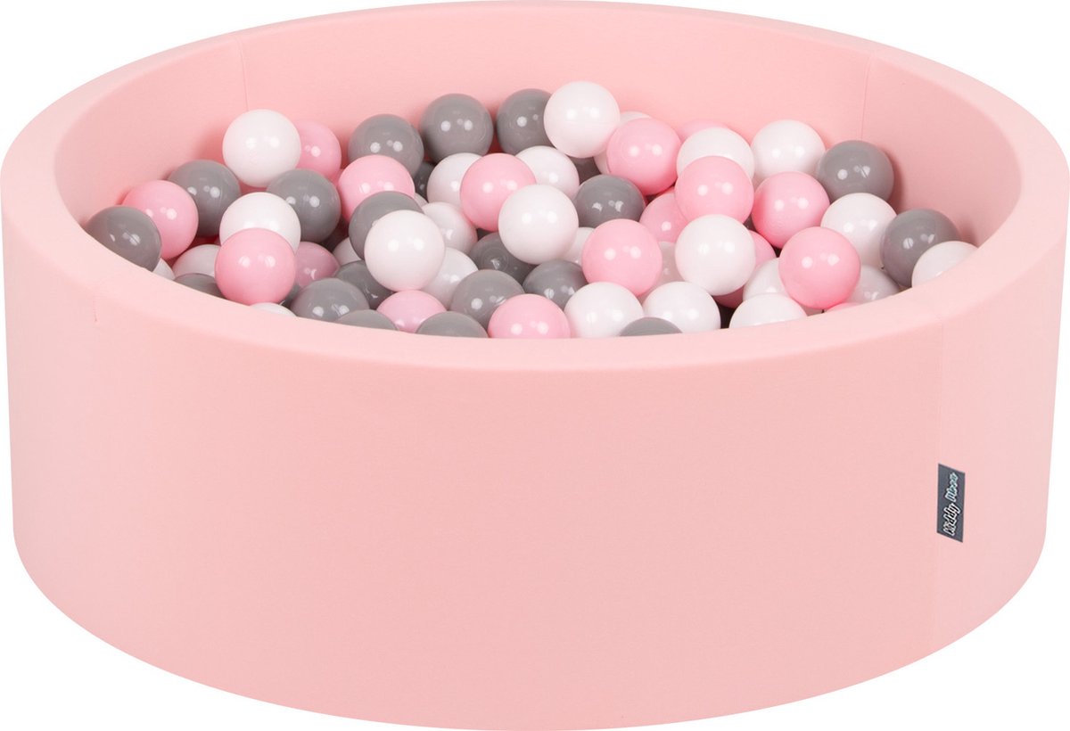KiddyMoon Ballenbak voor kinderen Rond 90x30cm - 300 kleurrijke ballen ∅7cm - Speelgoed baby schuim - Baby ballenbad foam - Kunststof ballen - Ballenbak ballen - Voor sensorische - Met schuimvulling - Lichtroze: Wit Grijs Roze