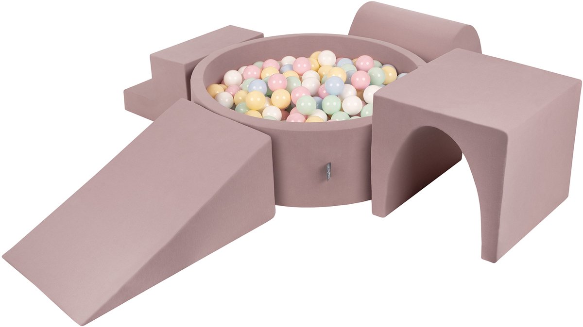 KiddyMoon Foam Speeltuin PPZP-OK30D-125 met ballen heide: pastelblauw-pastelgeel-wit-mint-poederroze 200 zwembad/club L/groef/tunnel/trap