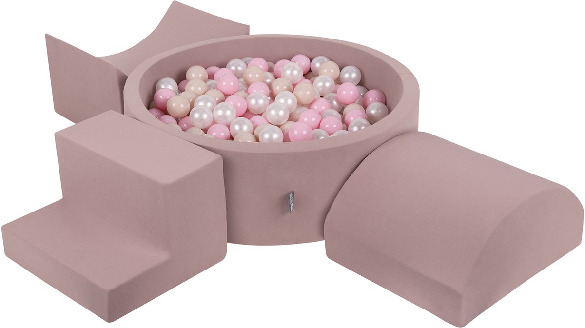 KiddyMoon Foam speeltuin PPZP-OK30D-134 met ballen heide: pastelbeige-poederroze-perplex zwembad 300/helling L/semi-curve L/trappenparcours