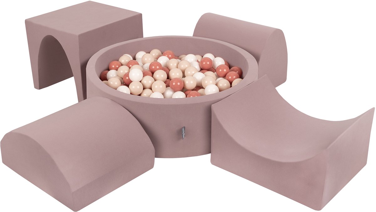 KiddyMoon Foam speeltuin PPZP-OK30D-135 met ballen heide: pastel beige-haired-wit zwembad 200/groef/tunnel/ramp L/half steel L Speeltoestel