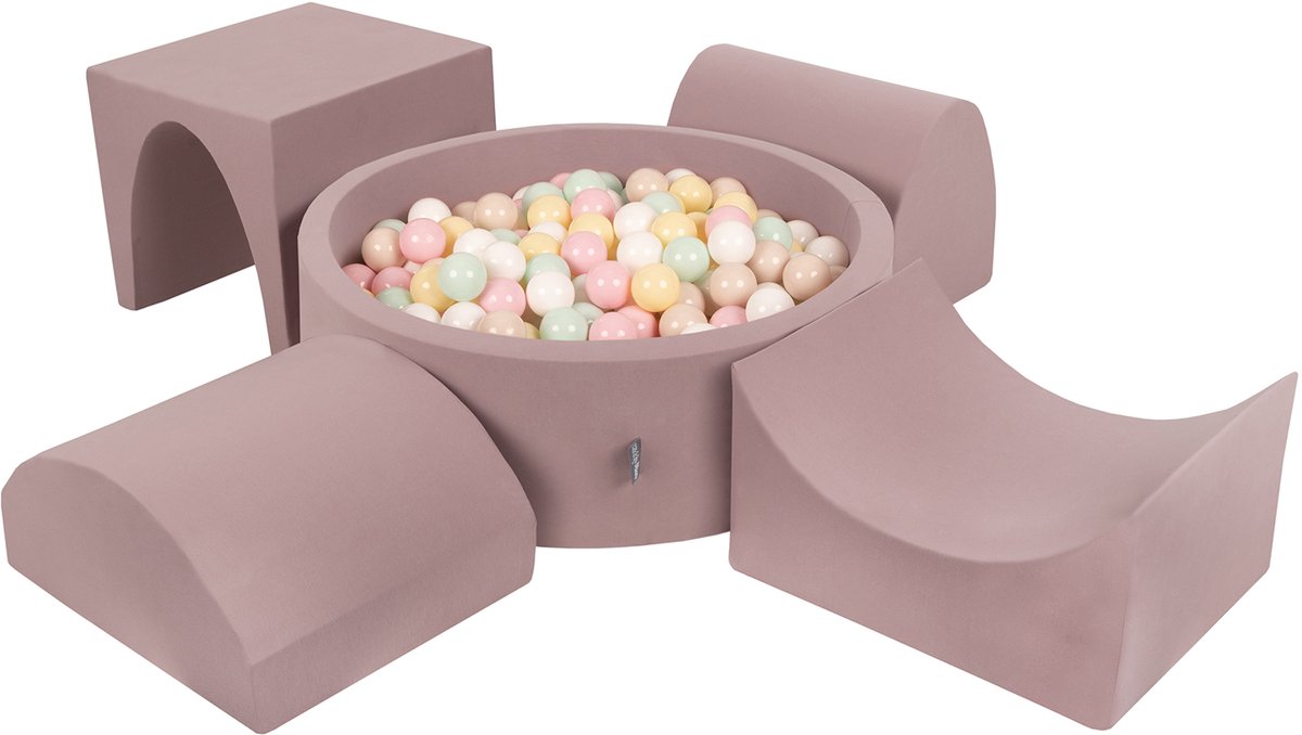 KiddyMoon Foam speeltuin PPZP-OK30D-135 met ballen heide: pastelbeige-pastelgeel-wit-mint-poederroze zwembad 300/kalebas/tunnel/ramp L/semi-glijbaan
