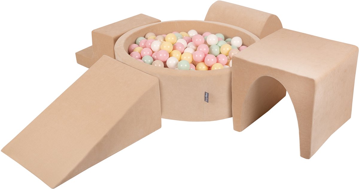 KiddyMoon Foam speeltuin VELVET PPZP-OK30V-125 met ballen zand beige: pastel-beige-pastelgeel-wit-mint-poederroze 200 zwembad/club L/klim/tunnel/trap