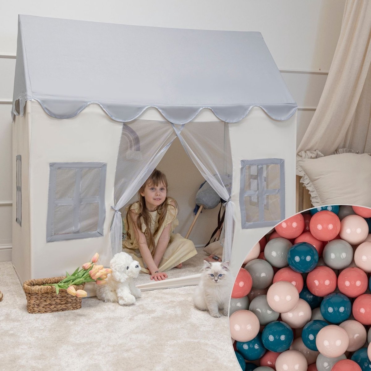   Kindertent Speelhuisje Met 400 Ballen Opvouwbaar Voor Kinder   Duurzaam Materiaal Kinder   Stimuleert Creativiteit Ideaal Voor Binnen En Buiten, Wit-Grijs:Donker Turquoise/Pastel Beige/Groen Grijs/Zalm Kleur