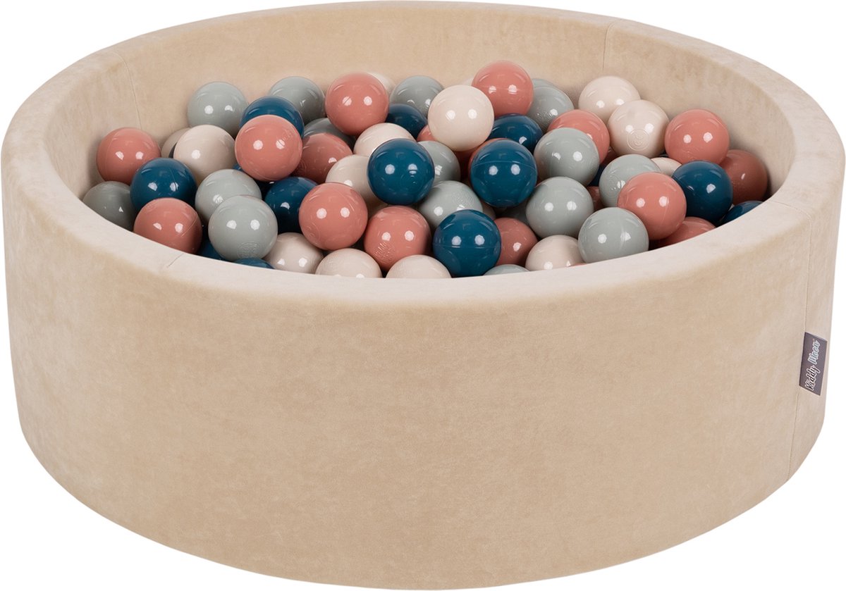 KiddyMoon Rond Ballenbad Fluwelen Ballenbad 90X30cm/300 Ballen ∅ 7Cm Ballenkuilen Voor Babys Speelbad Peuters, Gemaakt in EU, Zand Beige: Donker turquoise/pastelbeige/groen-grijs/zalmkleur