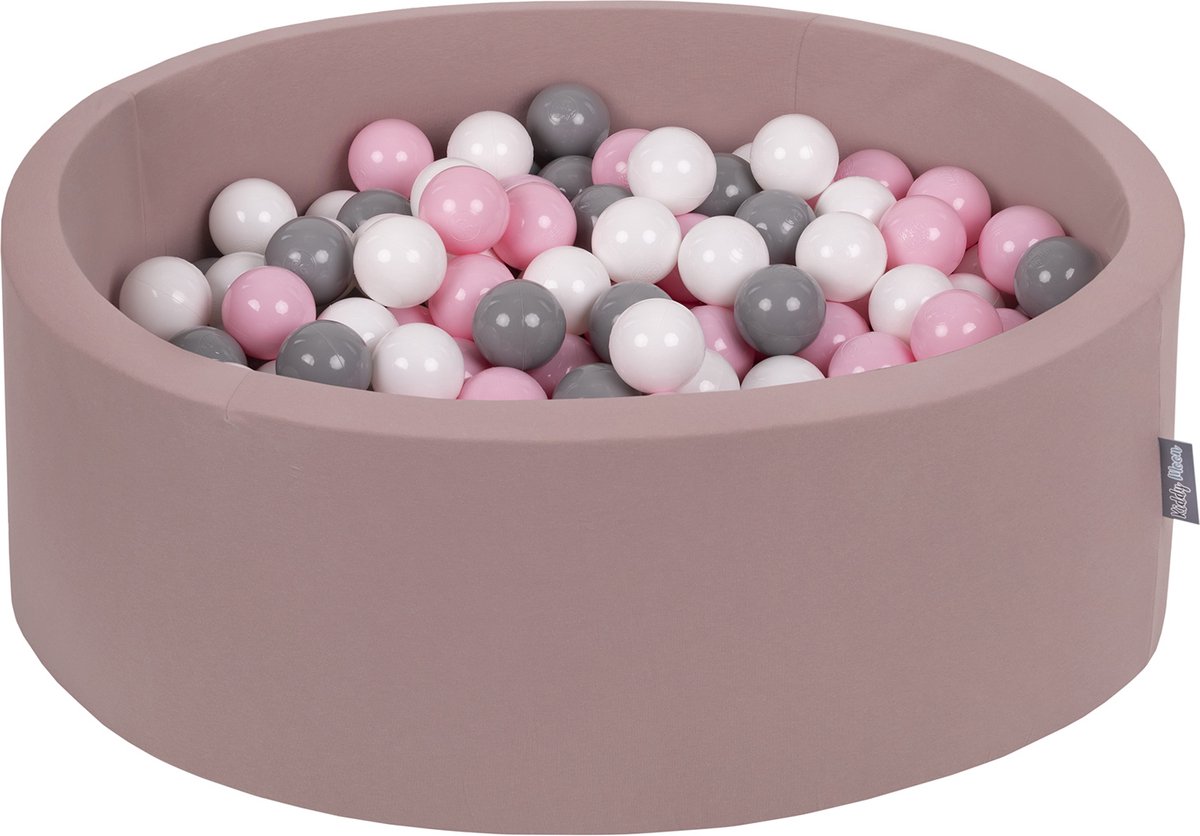 KiddyMoon Rond Ballenbak voor kinderen 90x30cm met 200 Ballen ∅ 7cm - Speelgoed 1 jaar - BPA-vrije ballenbakken - Ballenbad velvet baby foam - Kunststof ballen - Erikakleuren: Wit Grijs Poederroze
