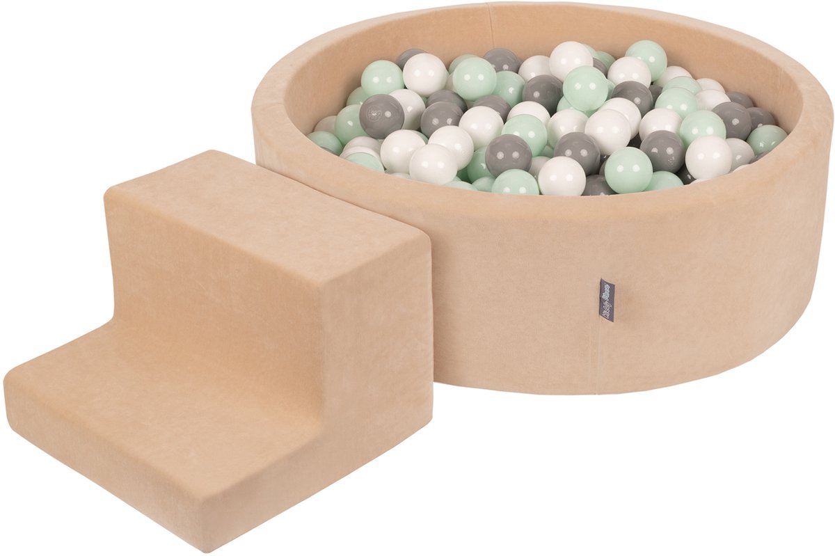 KiddyMoon Schuim speeltuin VELVET PPZP-OK30V-122 met zand beige ballen: wit-grijs-mint 100 zwembad/tribune