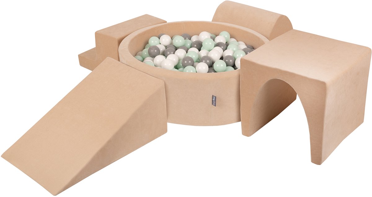 KiddyMoon Schuim speeltuin VELVET PPZP-OK30V-125 met zand beige ballen: wit-grijs-mint zwembad 300/club L/gatex/tunnel/trappenhuis