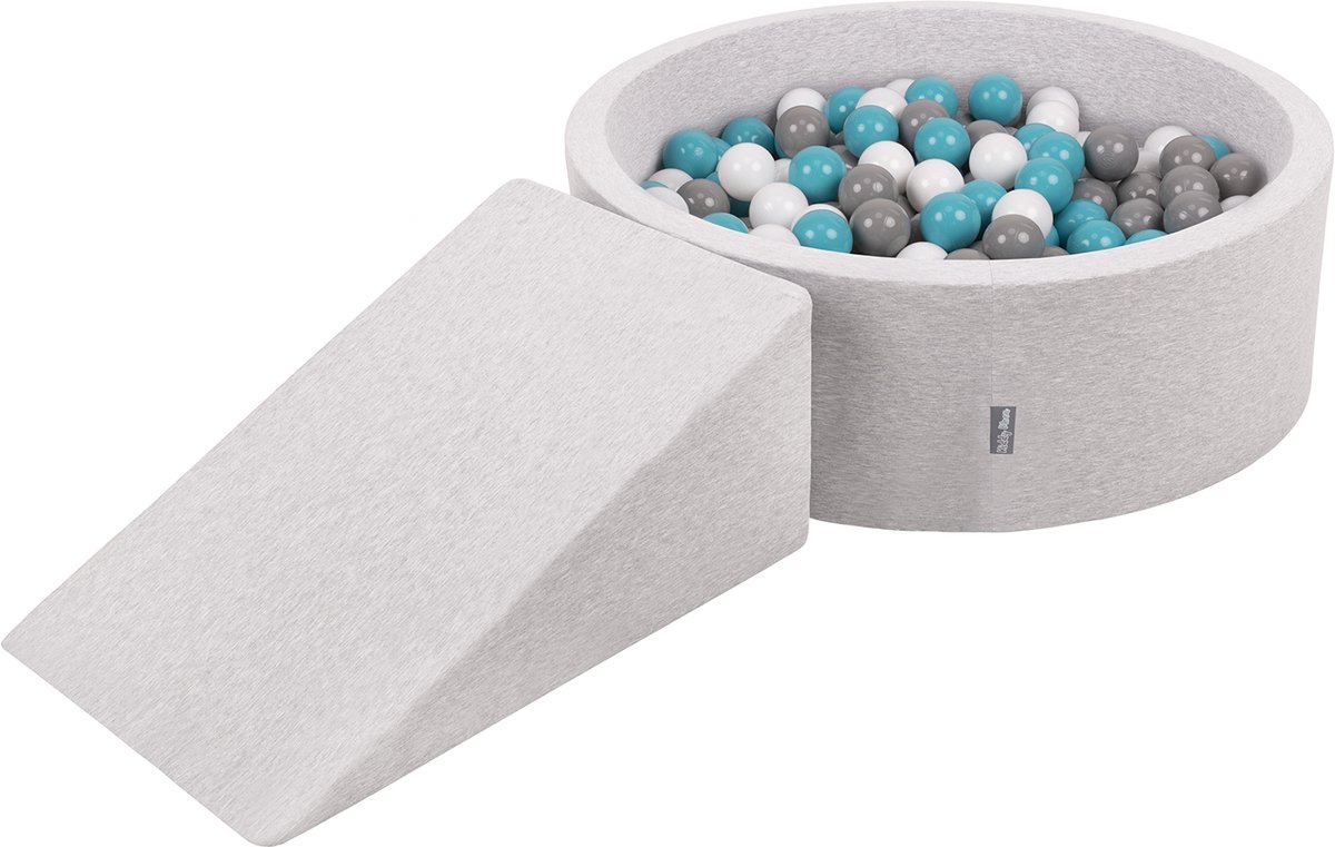 KiddyMoon Schuimrubberen speelplein met rond ballenbad met wig (200 ballen) ballenbakken voor babys speelbad hindernisbanen, made in the eu, lichtgrijs:grijs/wit/turquoise