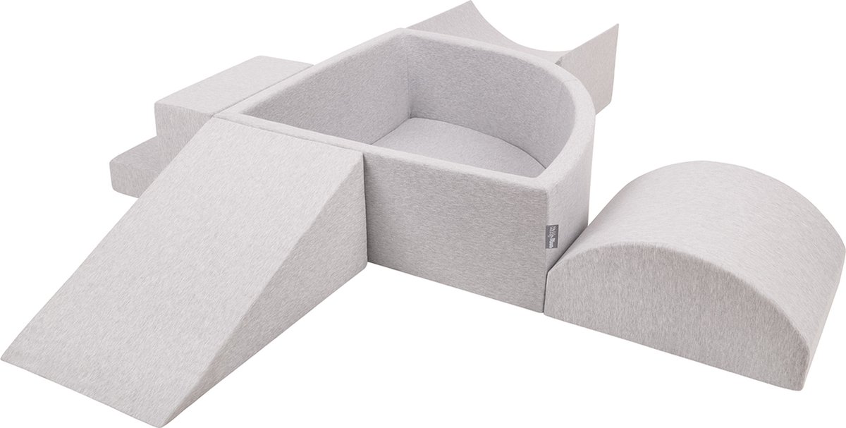 KiddyMoon Schuimspeelplaats met kwartcirkelvormig Ballenbad - ∅7cm 300 Ballen - Speeltoestel met Helling Wig Halve rol Trede - Ballenbak ballen voor baby - Schuimspeelset voor kinderen - Hindernisbanen - Lichtgrijs: Wit Grijs Munt