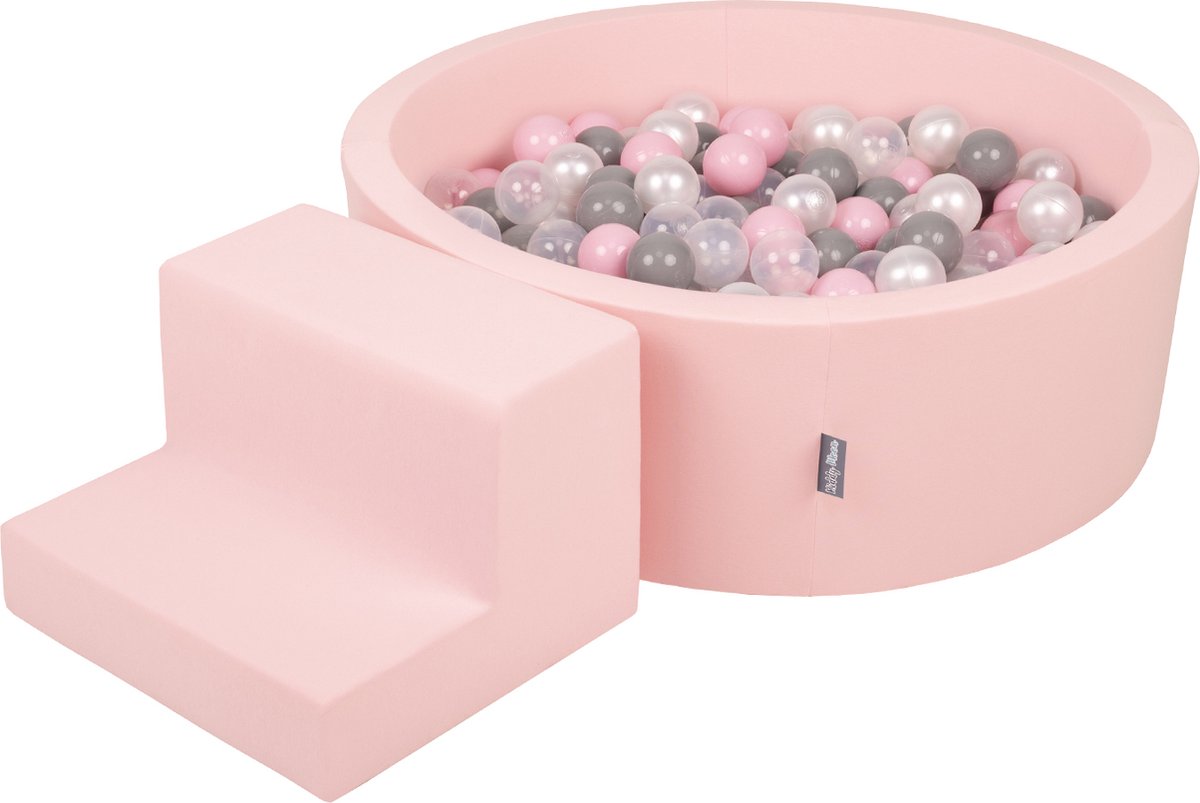 KiddyMoon Schuimspeelplaats met rond Ballenbad - ∅ 7cm 100 Ballen - Speeltoestel - Ballenbak ballen voor babys foam - Met stappen - Ballenbak schuim voor kinderen - Hindernisbanen - Roze: Parel Grijs Transparant Poederroze