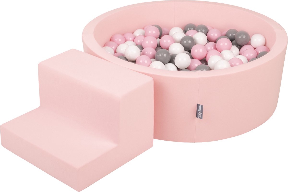 KiddyMoon Schuimspeelplaats met rond Ballenbad - ∅ 7cm 200 Ballen - Speeltoestel - Ballenbak ballen voor babys foam - Met stappen - Ballenbak schuim voor kinderen - Hindernisbanen - Roze: Wit Grijs Poederroze