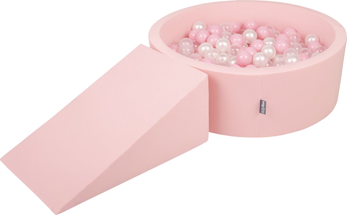 KiddyMoon Schuimspeelplaats met rond Ballenbad - ∅7cm 100 Ballen - Speeltoestel met ramp - Ballenbak ballen voor babys foam - Ballenbak schuim voor kinderen - Hindernisbanen - Speelbad - Schuimspeelset - Roze: Poederroze Parel Transparant
