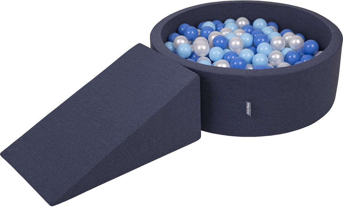 KiddyMoon Schuimspeelplaats met rond Ballenbad - ∅7cm 100 Ballen - Speeltoestel met wig - Ballenbak ballen voor babys foam - Ballenbak schuim voor kinderen - Hindernisbanen - Speelbad - Schuimspeelset - Donkerblauw: Babyblauw Blauw Parel