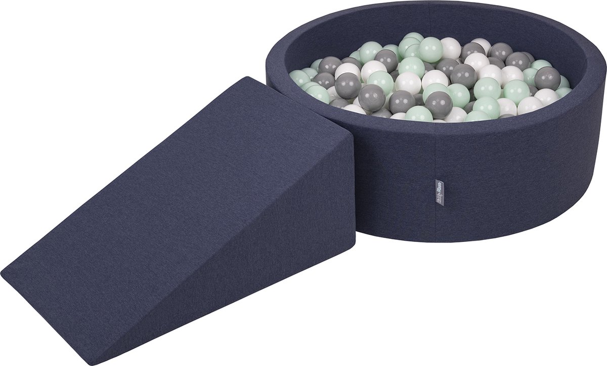 KiddyMoon Schuimspeelplaats met rond Ballenbad - ∅7cm 200 Ballen - Speeltoestel met ramp - Ballenbak ballen voor babys foam - Ballenbak schuim voor kinderen - Hindernisbanen - Speelbad - Schuimspeelset - Donkerblauw: Wit Grijs Munt