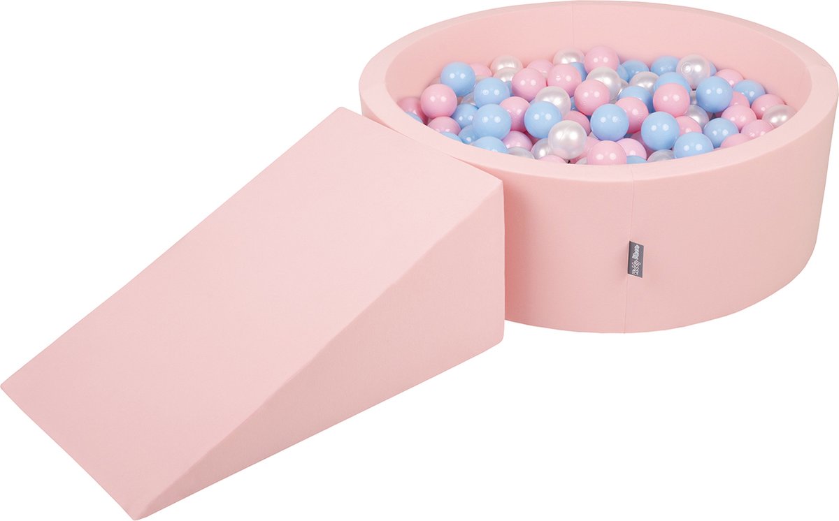 KiddyMoon Schuimspeelplaats met rond Ballenbad - ∅7cm 200 Ballen - Speeltoestel met ramp - Ballenbak ballen voor babys foam - Ballenbak schuim voor kinderen - Hindernisbanen - Speelbad - Schuimspeelset - Roze: Babyblauw Poederroze Parel